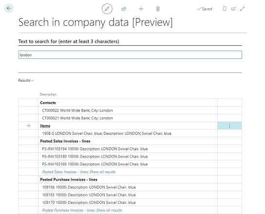Shows Search in company data page with results of the search