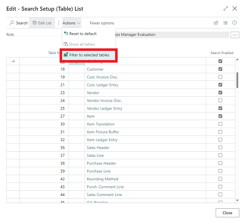 Shows Search Setup (Table) List page with available actions
