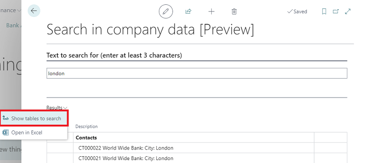 Shows Show tables to search action in Search in company data page