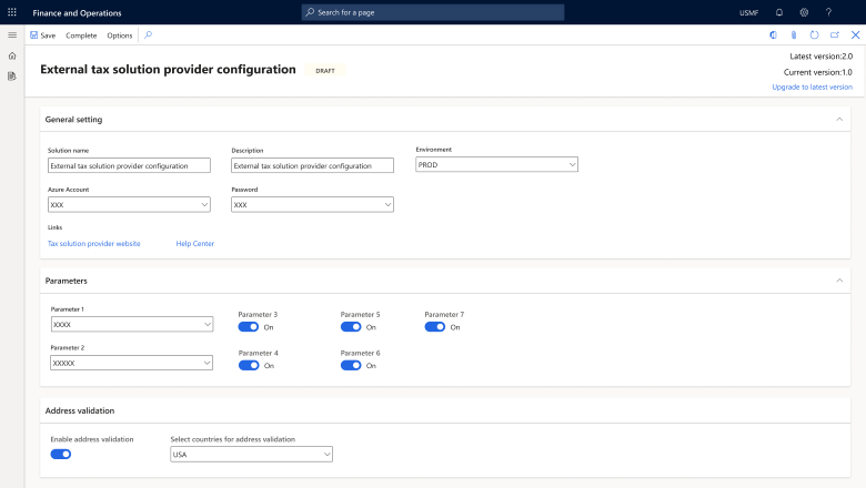 Screenshot of a standard configuration to simplify integration with external tax solution providers.