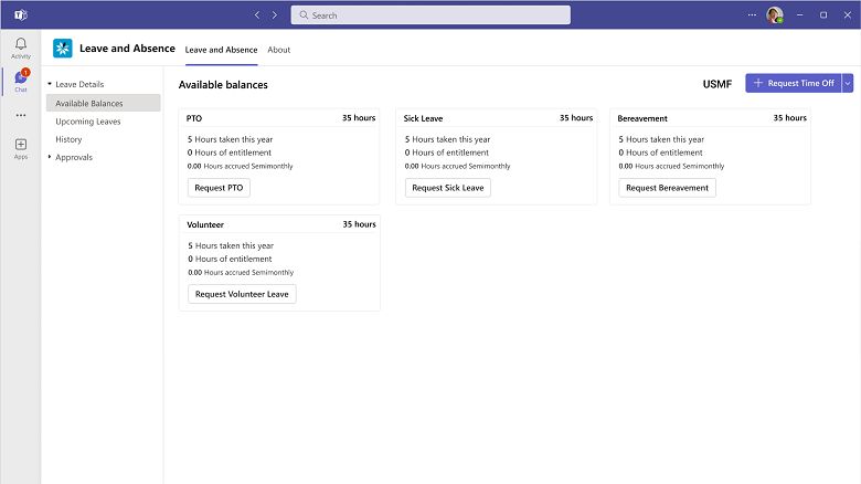 View your available leave balance using the Leave and Absence tab in the Microsoft Teams desktop app
