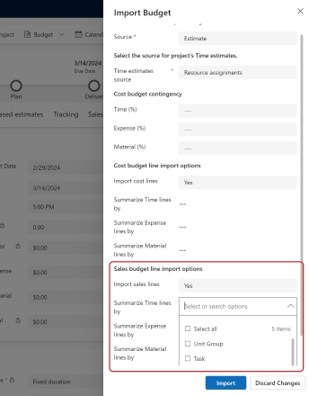 Screenshot of Sales budget that can be created alongside with cost budgets from estimates.