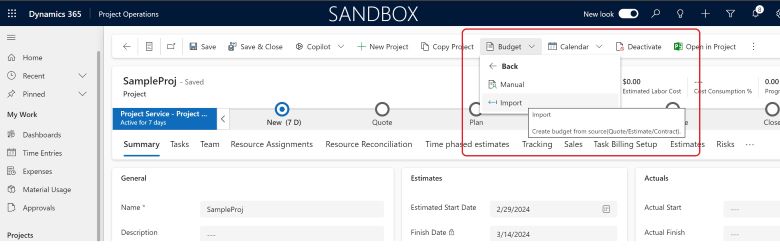 Screenshot of a Sales budget created from estimates, quote line details, and contract lines details.