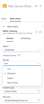 Users can create new entries for fields in the Work Order form, such as adding a new Priority.