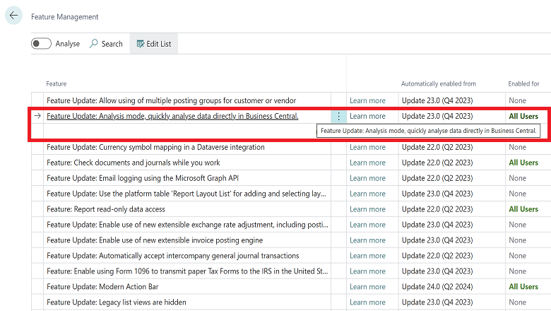 Analyze data in list pages and queries using data analysis mode - Business  Central