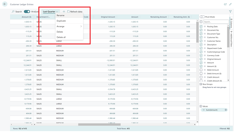 Analyze data in list pages and queries using data analysis mode - Business  Central