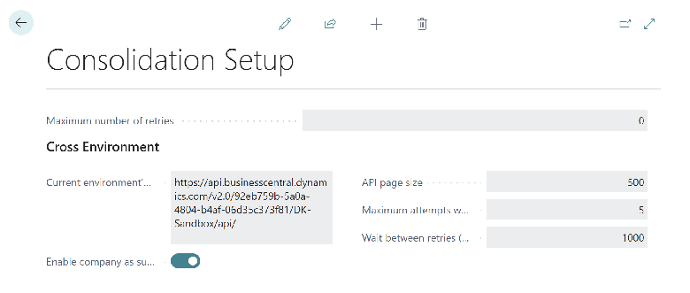 The Consolidation Setup page with API endpoint info and toggle to enable use in consolidations