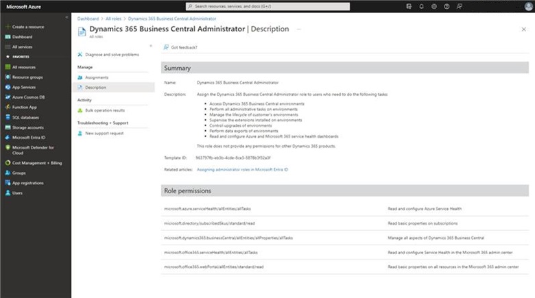 Business Central Administrator role in the Azure Portal