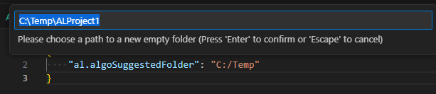 New al.algoSuggestedFolder setting to set default folder for new Visual Studio AL projects