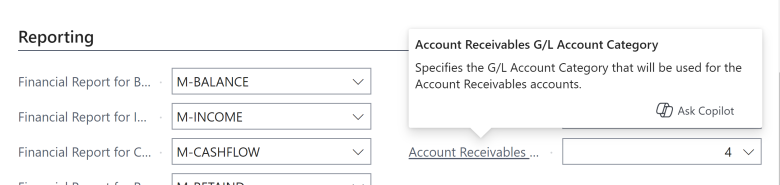 Selecting the G/L Account Category for account receivables in the General Ledger Setup page