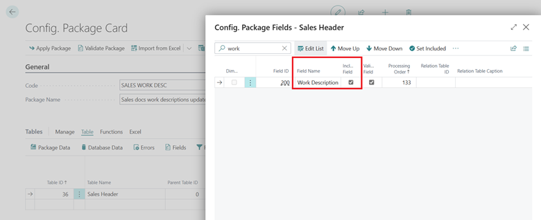Shows configuration package fields page with Work description (BLOB) field included.