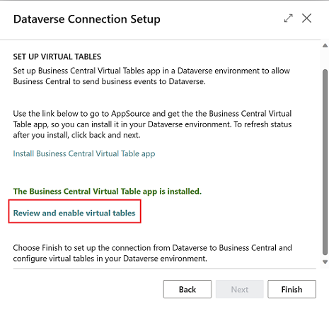 Shows Review and enable virtual tables link in Dataverse Connection Setup page.