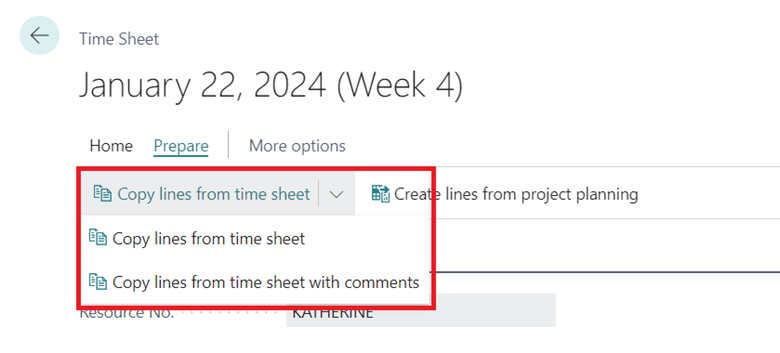 Shows new Copy lines from time sheet actions in Prepare action group on Time Sheet header.