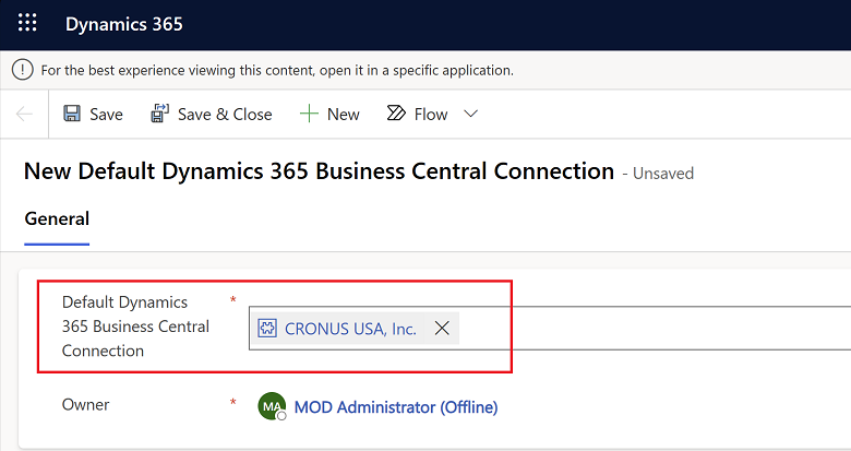 Shows Default Business Central Connection page in Dynamics 365 Sales