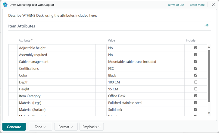 Drafting with Copilot and selecting the applicable product attributes.