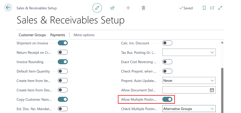 Shows Allow Multiple Posting Groups toggle in Sales & Receivables Setup page