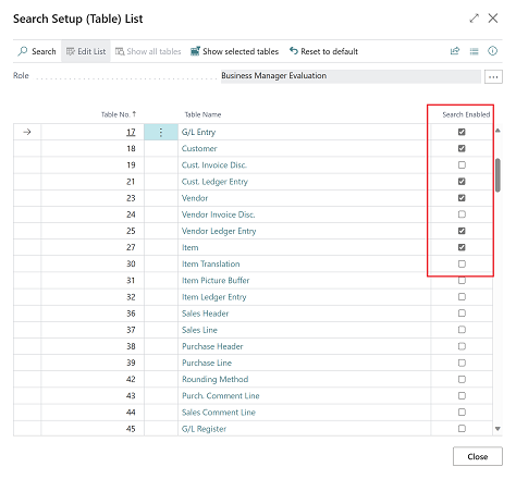 Shows search setup page where you can enable search for additional tables.