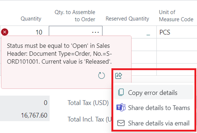 Shows Share details icon in in-line validation error.