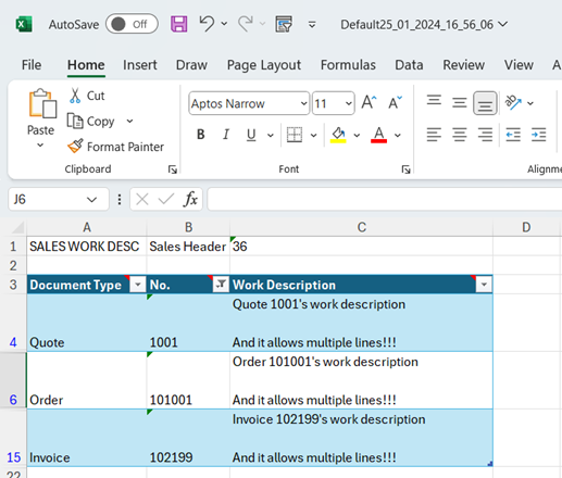 Shows included Work Description field in exported Excel file.