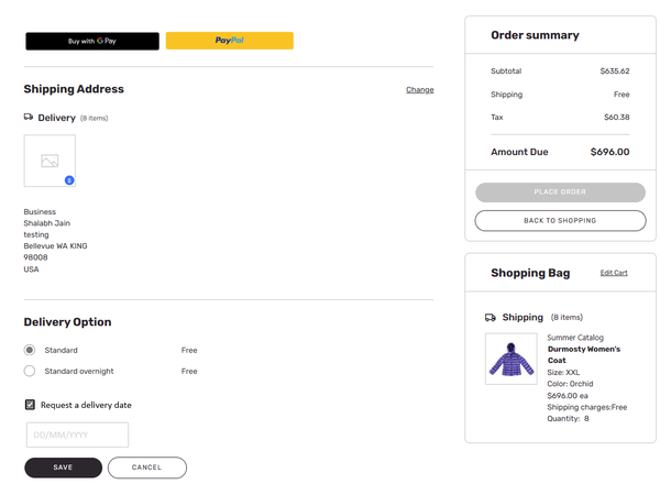 Screenshot of the checkout screen with the option to request a delivery date selected.