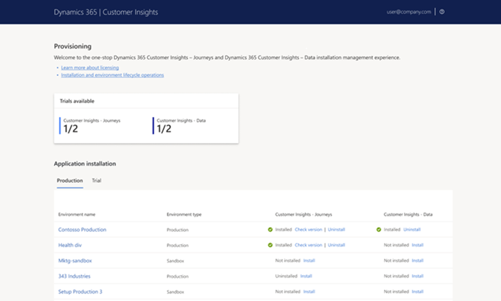 Screenshot of the installation page in Customer Insights without installation limit.