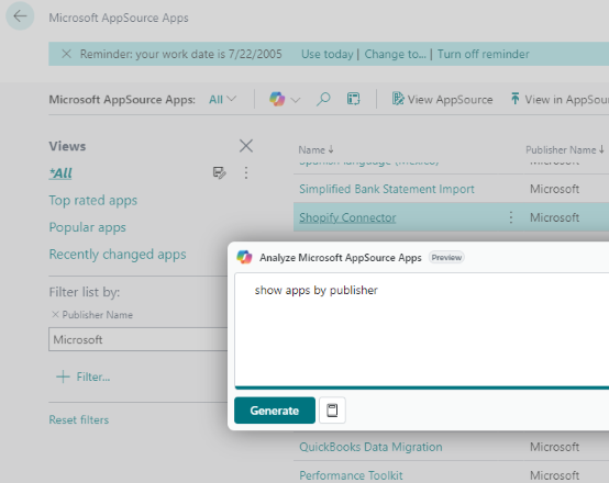 Using Copilot Analyze List option to create Analysis view for AppSource apps