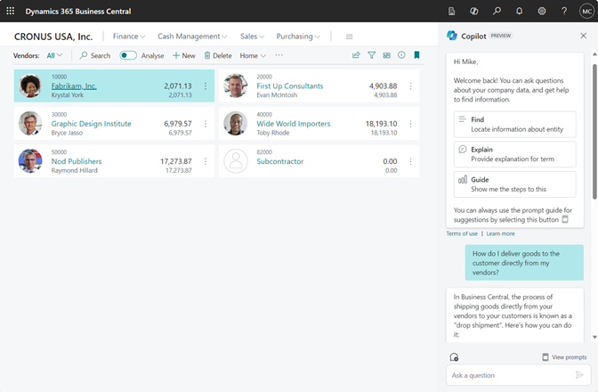 The new chat pane sits alongside your data in Business Central