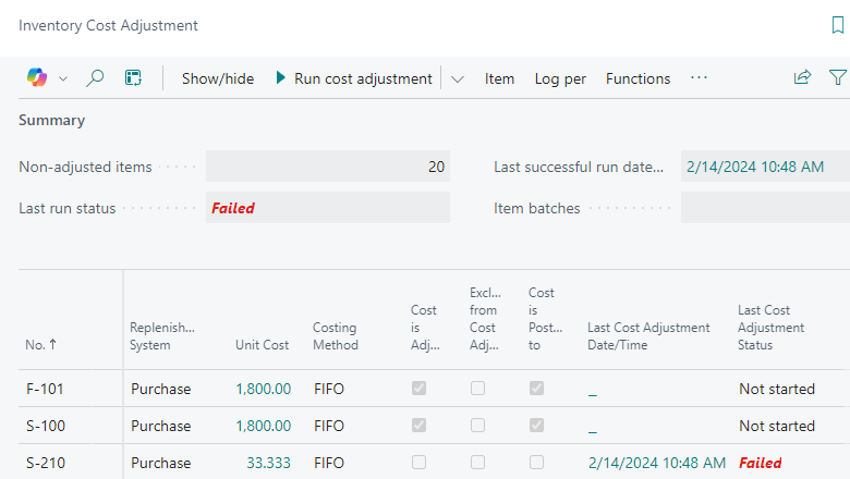 Inventory Cost Adjustment page