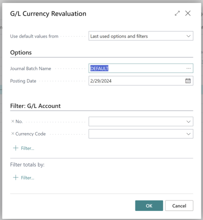 A new separate batch job to run G/L account revaluations is found in the Chart of Accounts page