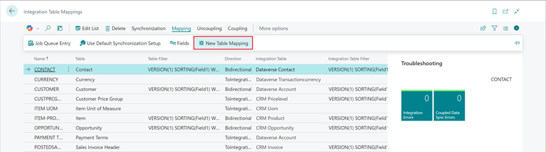 Shows New Table Mapping action in Integration Table Mappings page