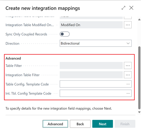 Shows Advanced integration table mapping details