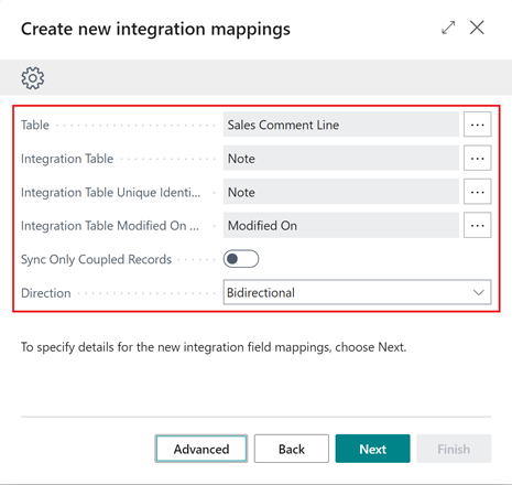 Shows new integration table mapping details step