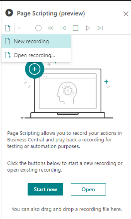 When opening Page Scripting, you can start a new recording or open an existing one to play back