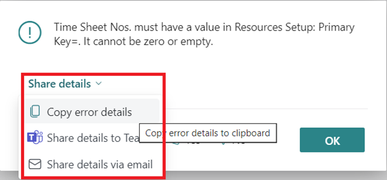 Shows Share details action group in error dialog.