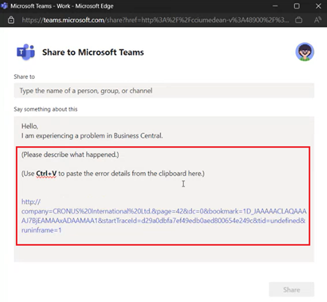 Shows Share to Teams window with error details and current page links highlighted.