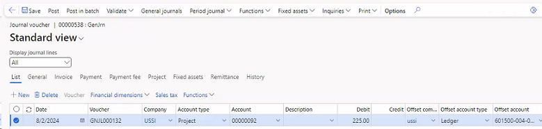 Screenshot showing the use of the general journal form against a project. Screenshot showing the use of the general journal form against a project.