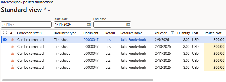 Screenshot of intercompany posted transactions showing potential price issues and corrections.