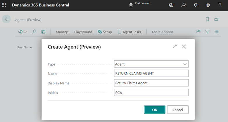 Business Central card page for creating a new custom agent with the agent design experience