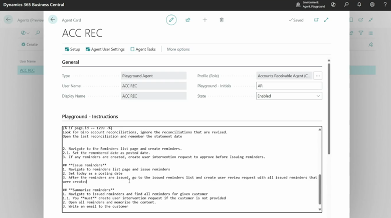 Agent card in Business Central where the user can provide agent instructions in natural language