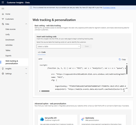 The web tracking and personalization feature shown in Customer Insights - Data