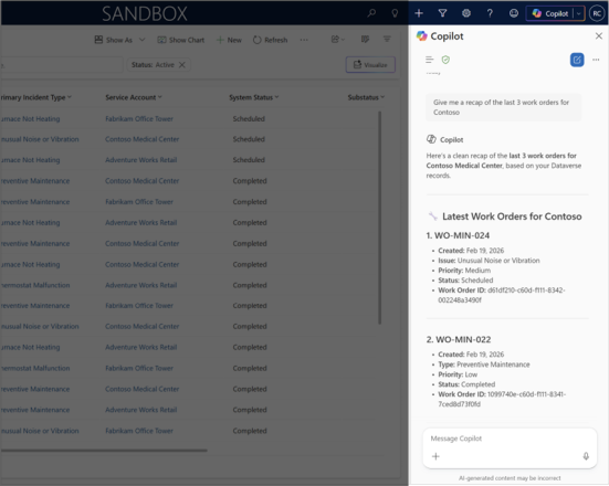 Screenshot of Microsoft 365 Copilot interface within Field Service