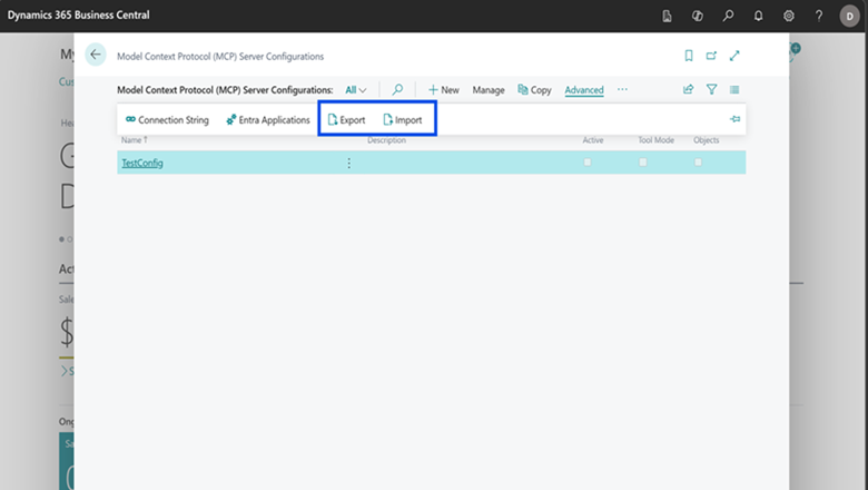 Screenshot of the new export/import option for MCP configurations