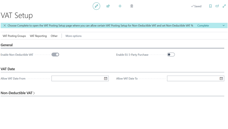 Enabling non-deductible VAT in the VAT setup. Enabling non-deductible VAT in the VAT setup.