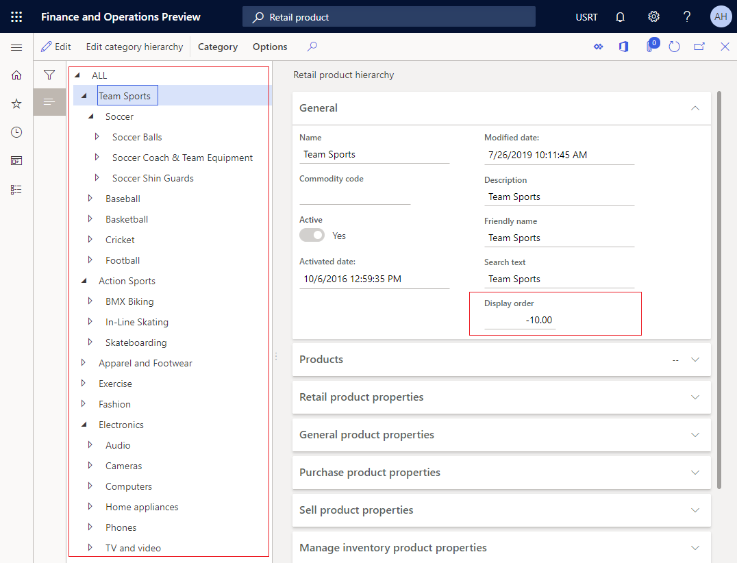 Product hierarchy custom sorted with negative values.