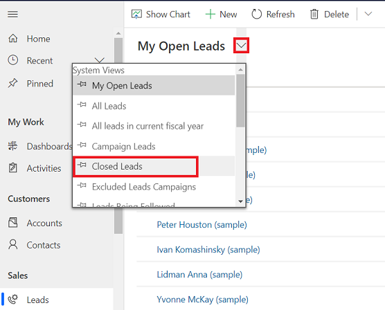 Shows closed leads in Dynamics 365 Sales.