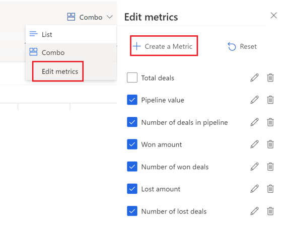 Screenshot illustrating the Edit metrics option in deal manager and the edit metrics side panel with the Create a metric option and the list of metrics.
