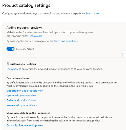 Product catalog settings page with the Enhanced experience for adding products enabled.