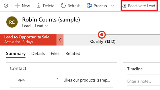 Shows reactivating a lead in Dynamics 365 Sales.