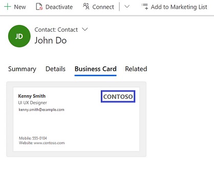 Saved business card on the Business card tab of a Contact form Saved business card on the Business card tab of a Contact form.