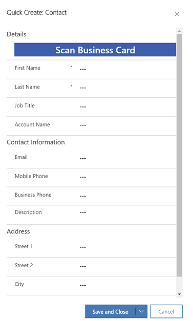 Option to scan business card in the Contact Quick Create form Option to scan business card in the Contact Quick Create form.